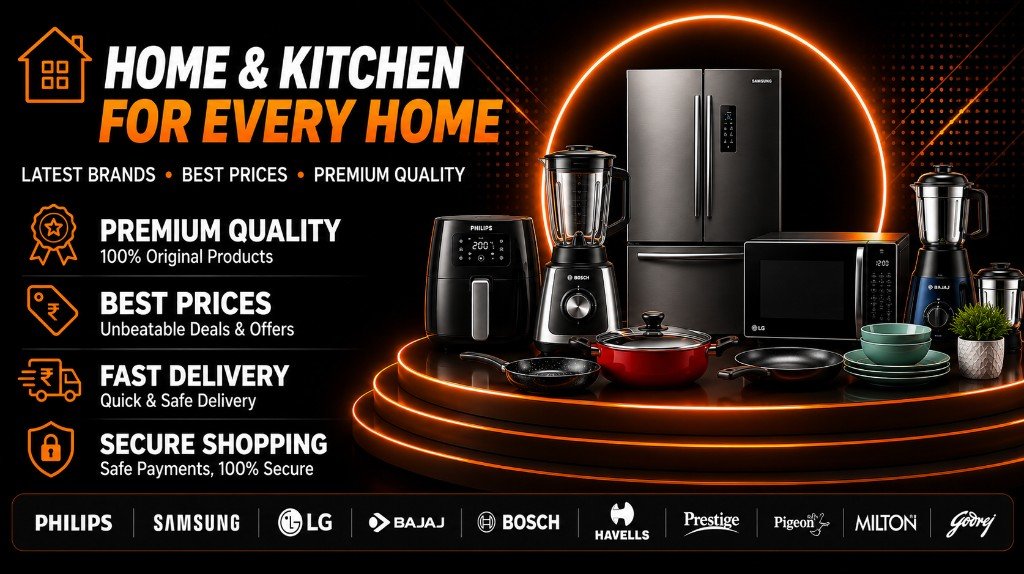 Home and kitchen appliances — fridge, microwave, mixer and cookware